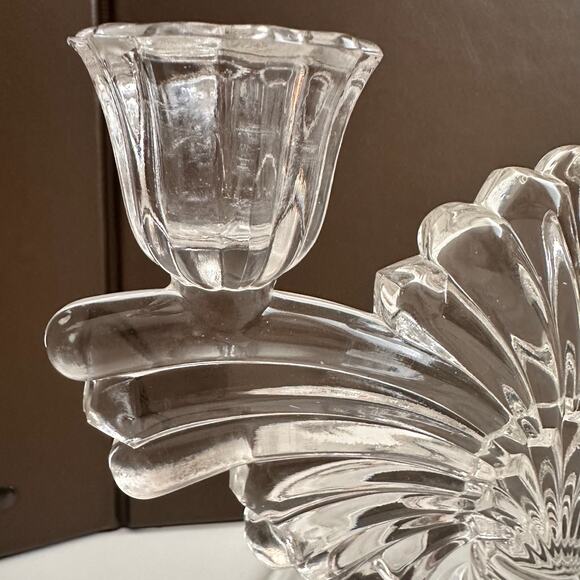 Vtg Imperial Pressed glass MCM Hollywood dual Fan two candle holder floral etch - Picture 4 of 14